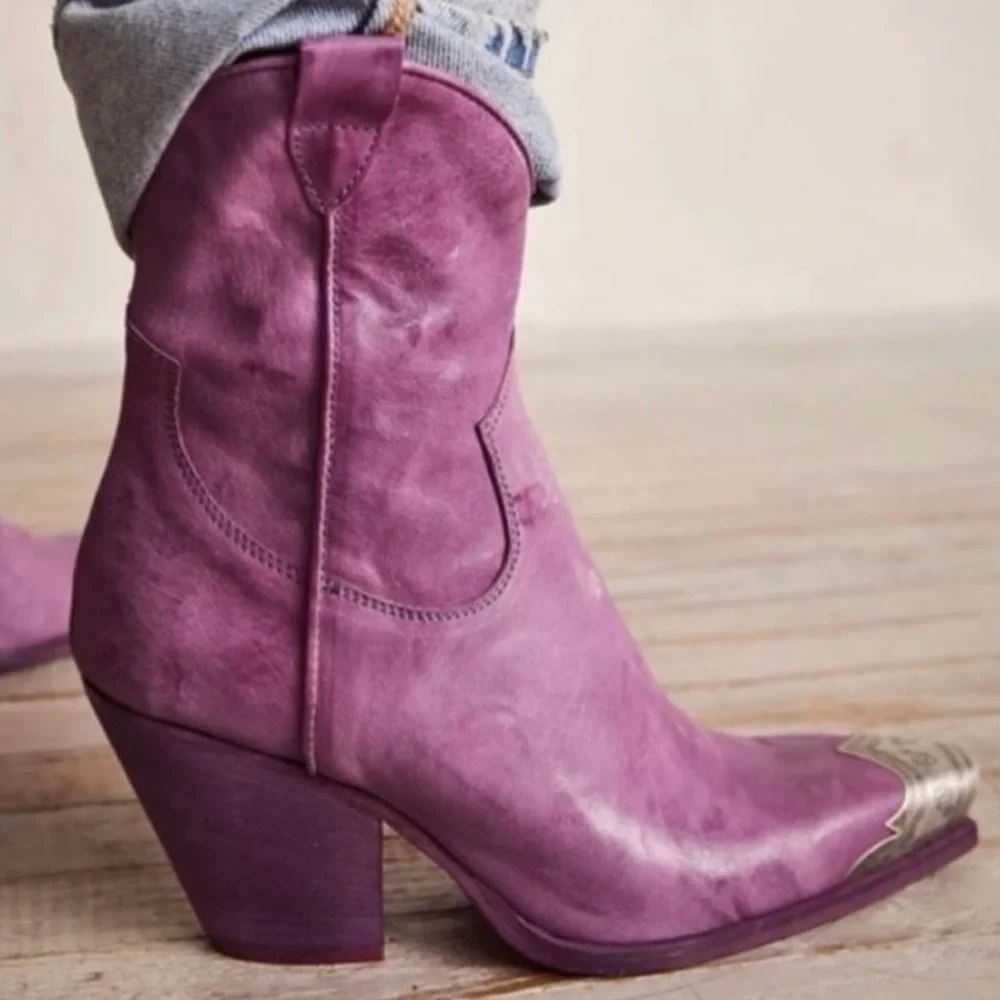 Free People Braden Purple Western Leather Ankle Boots Size 36.5 (6.5) - Picture 3 of 6